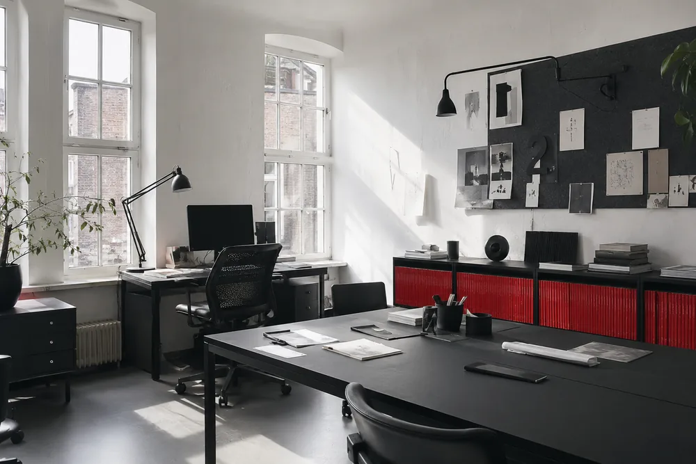 Arbeitsplatz von Ecom Dravo in Köln-Ehrenfeld mit Blick auf den Besprechungstisch.