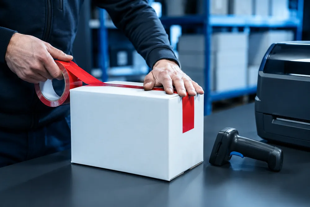 Regale mit sortierter Ware in einem Fulfillment-Lager eines Netzwerk-Partners.