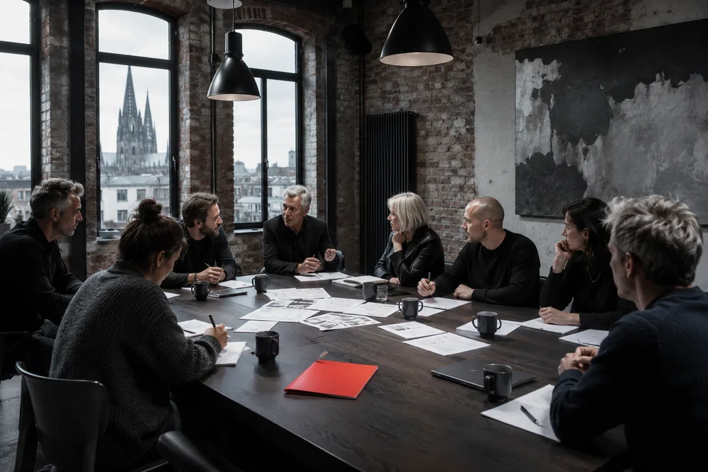 Kleine Gruppe von Shop-Betreiber:innen an einem Tisch während einer Operator-Runde.